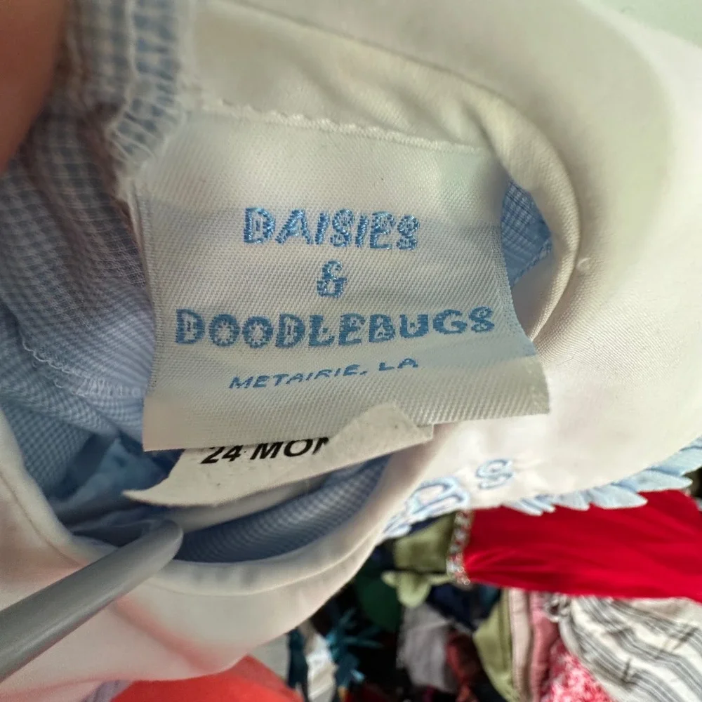 Daisies Doodlebugs Baby Blue Gingham‎ Dress Ruffle Collar Monogrammed 24 Month